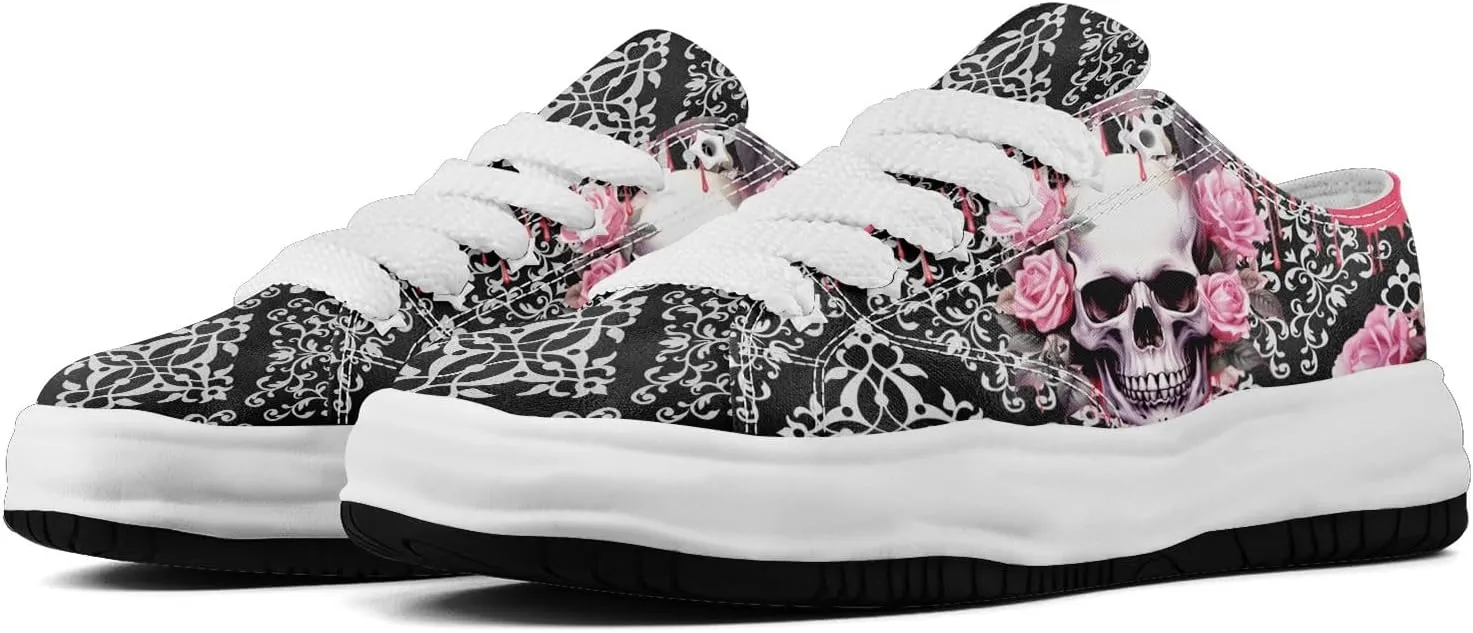 Gothic Skull Print Sneakers for Men Women – Low Top Canvas Shoes with Rubber EVA Sole, Punk Streetwear Fashion