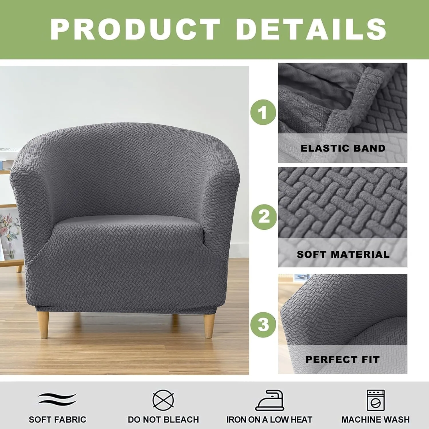 HAOYONG Club Chair Slipcover Jacquard Barrel Chair Covers Stretch Tub Chair Slipcovers Soft Armchair Sofa Covers Removable Couch Cover Protector for Living Room Hotel Restaurant - Grey, Set of 2