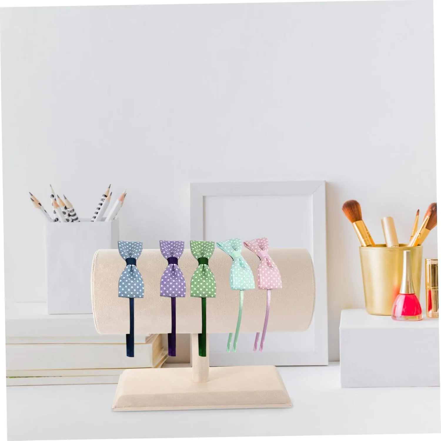 Headband Display Stand Headband Storage Organizer Earring Holder Organizer Hairband Stand Rack Headband Display Holder Jewelry Display Headband Velvet Holder Stand Watch Props Baby (Beige 27.50