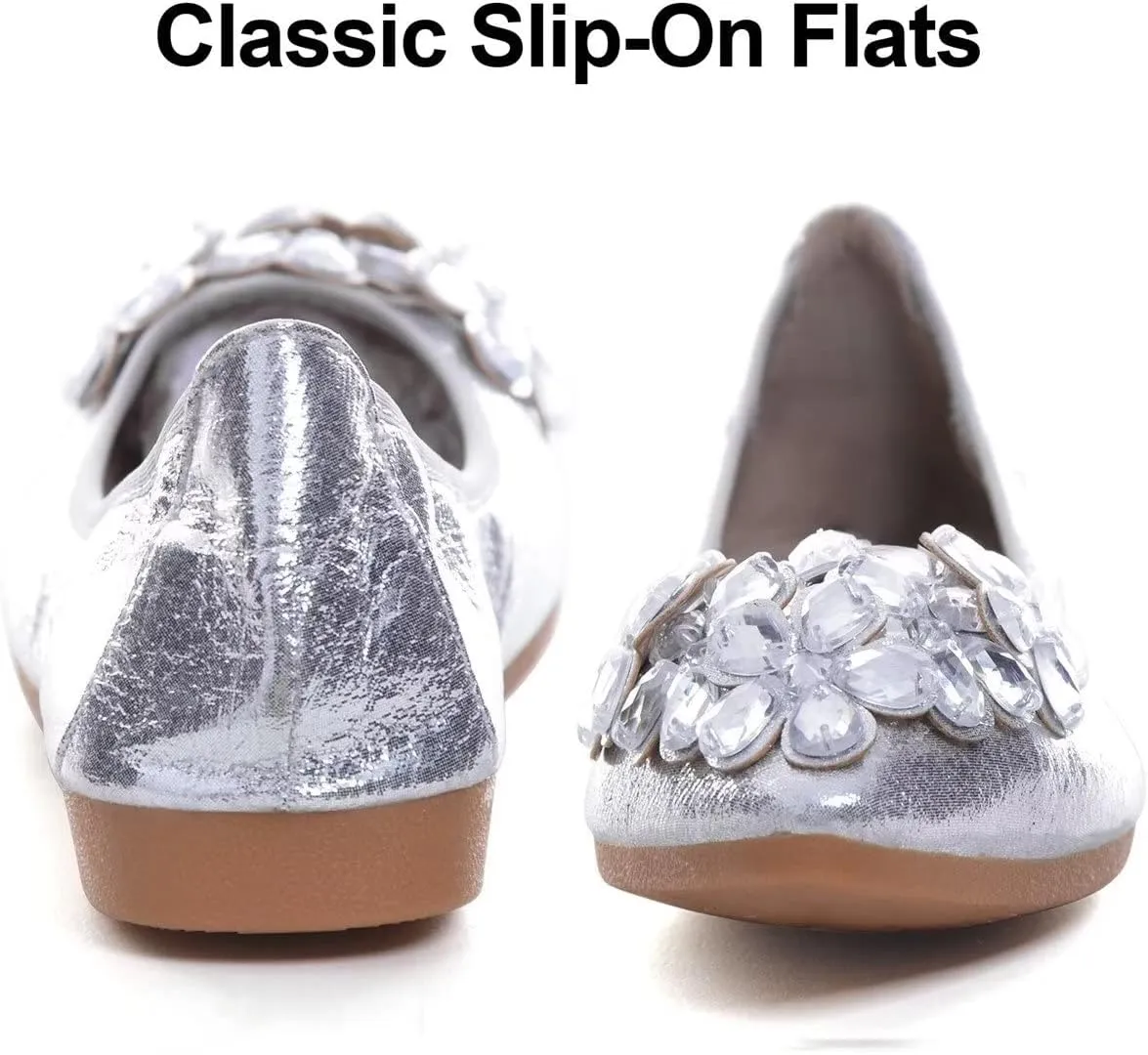 Hee grand Women Foldable Ballet Flats Bling Rhinestones Soft Leather Pointy Toe Flats Sparkle Wedding Dress Shoes Comfort Slip on Loafers Big Size