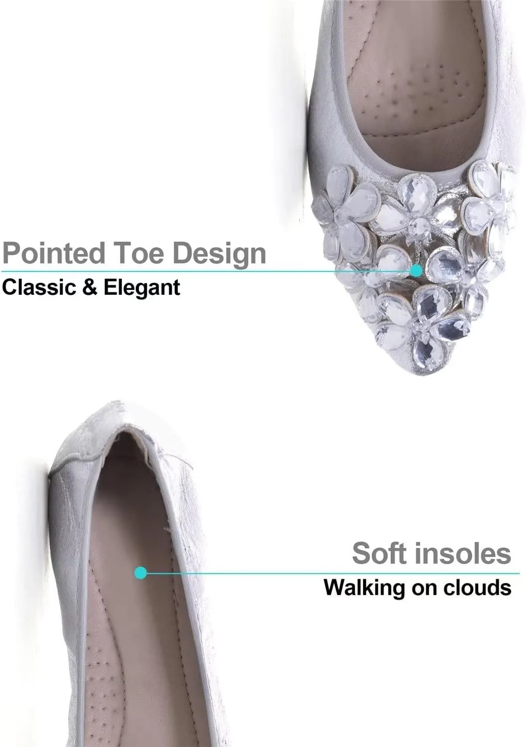 Hee grand Women Foldable Ballet Flats Bling Rhinestones Soft Leather Pointy Toe Flats Sparkle Wedding Dress Shoes Comfort Slip on Loafers Big Size