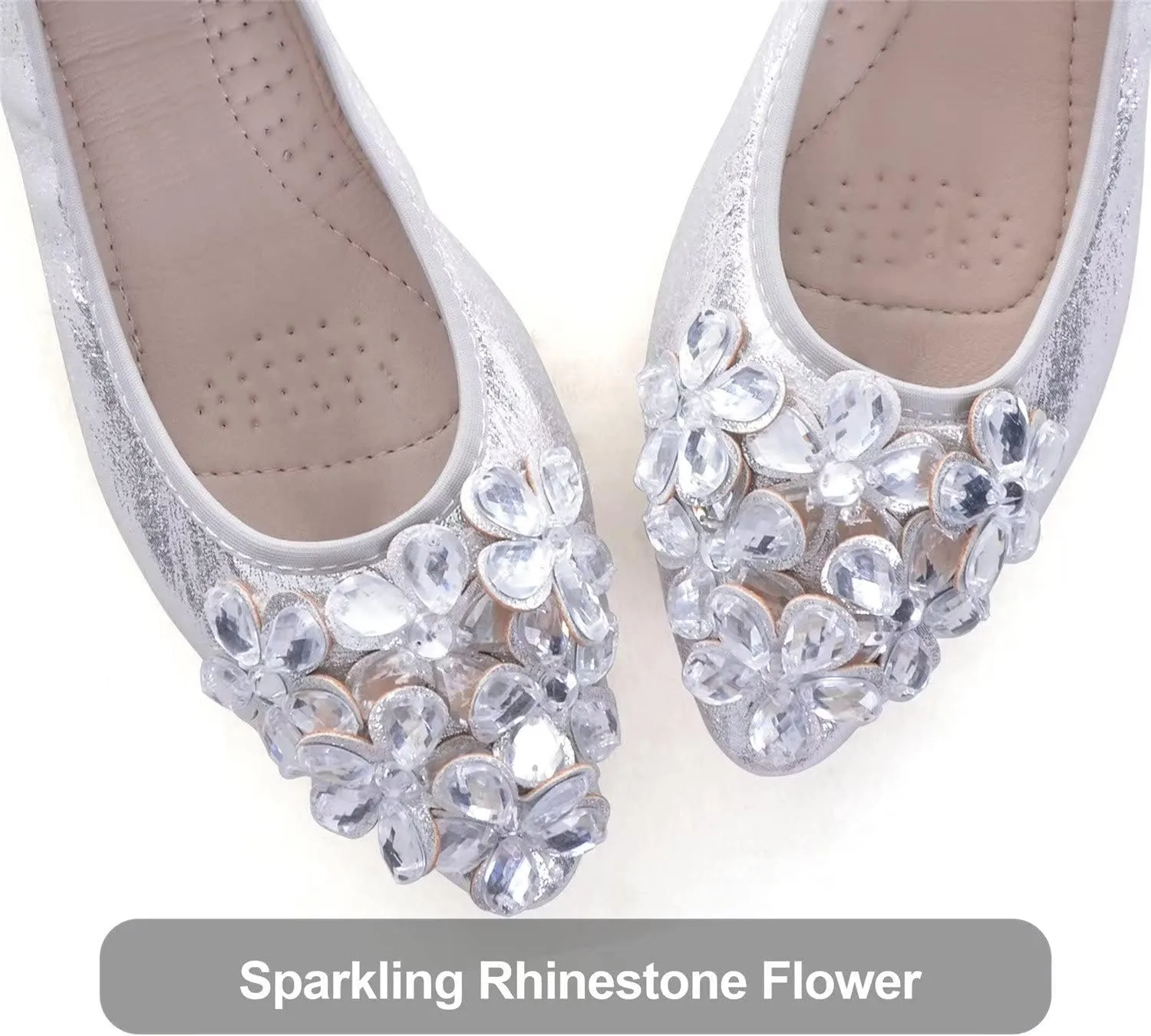 Hee grand Women Foldable Ballet Flats Bling Rhinestones Soft Leather Pointy Toe Flats Sparkle Wedding Dress Shoes Comfort Slip on Loafers Big Size