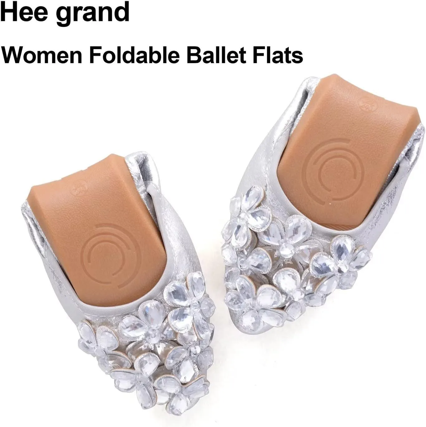 Hee grand Women Foldable Ballet Flats Bling Rhinestones Soft Leather Pointy Toe Flats Sparkle Wedding Dress Shoes Comfort Slip on Loafers Big Size