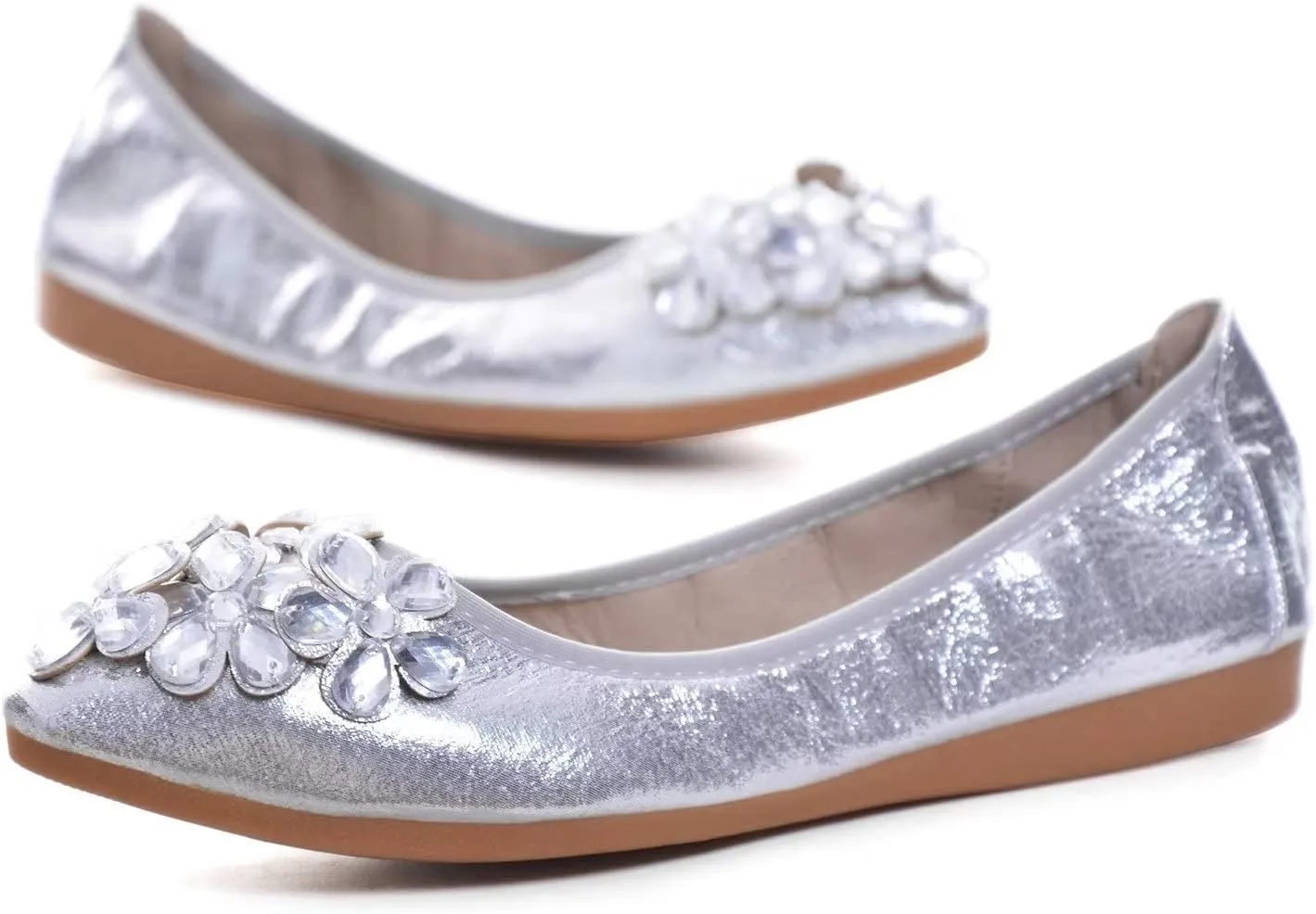 Hee grand Women Foldable Ballet Flats Bling Rhinestones Soft Leather Pointy Toe Flats Sparkle Wedding Dress Shoes Comfort Slip on Loafers Big Size
