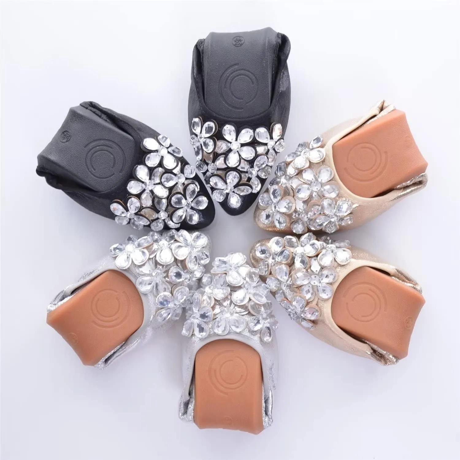 Hee grand Women Foldable Ballet Flats Bling Rhinestones Soft Leather Pointy Toe Flats Sparkle Wedding Dress Shoes Comfort Slip on Loafers Big Size