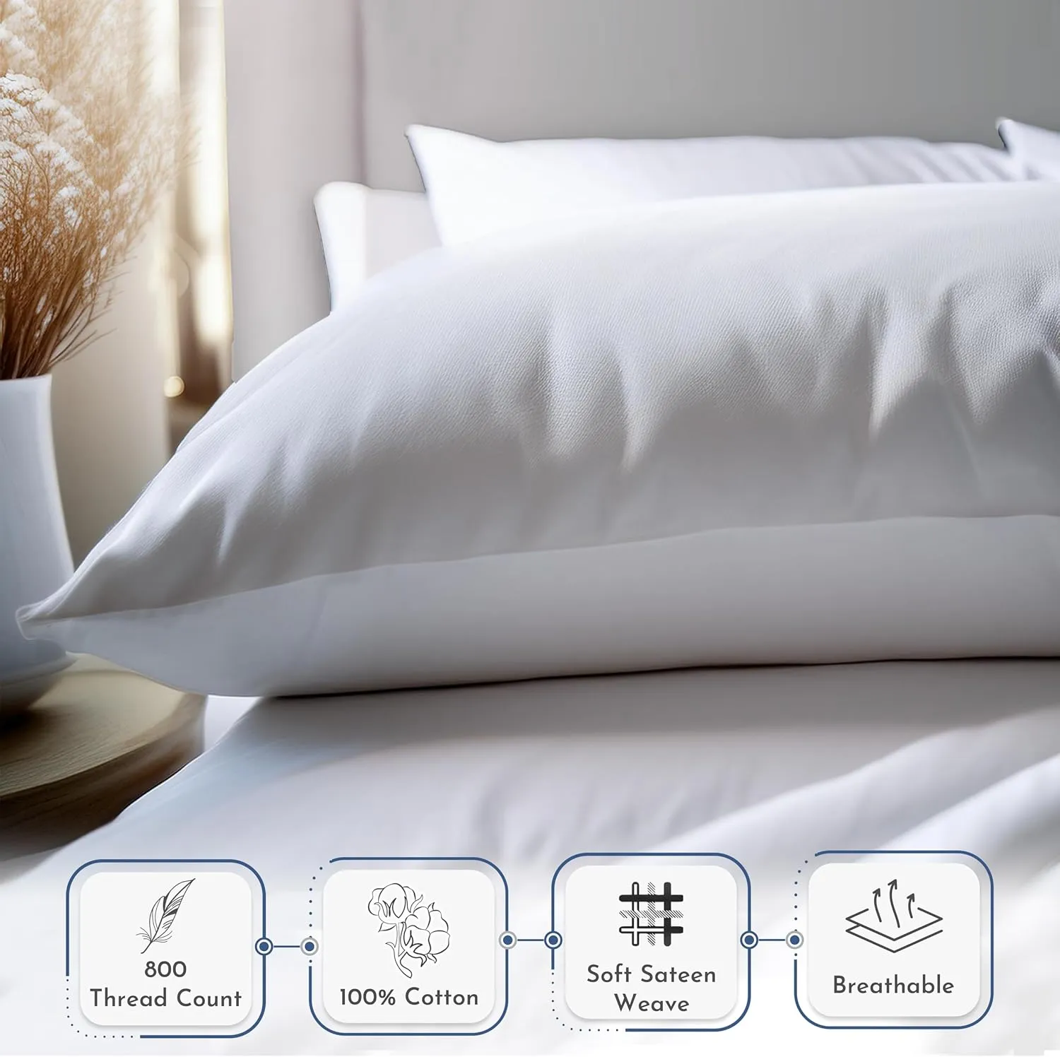 Heirloom Soft, Smooth & Thick Certified 800 Thread Count 100% Cotton Sateen is Superior to Egyptian Cotton Claims, 2 King Size Pillow Cases, Fits King Pillows (Bright White)
