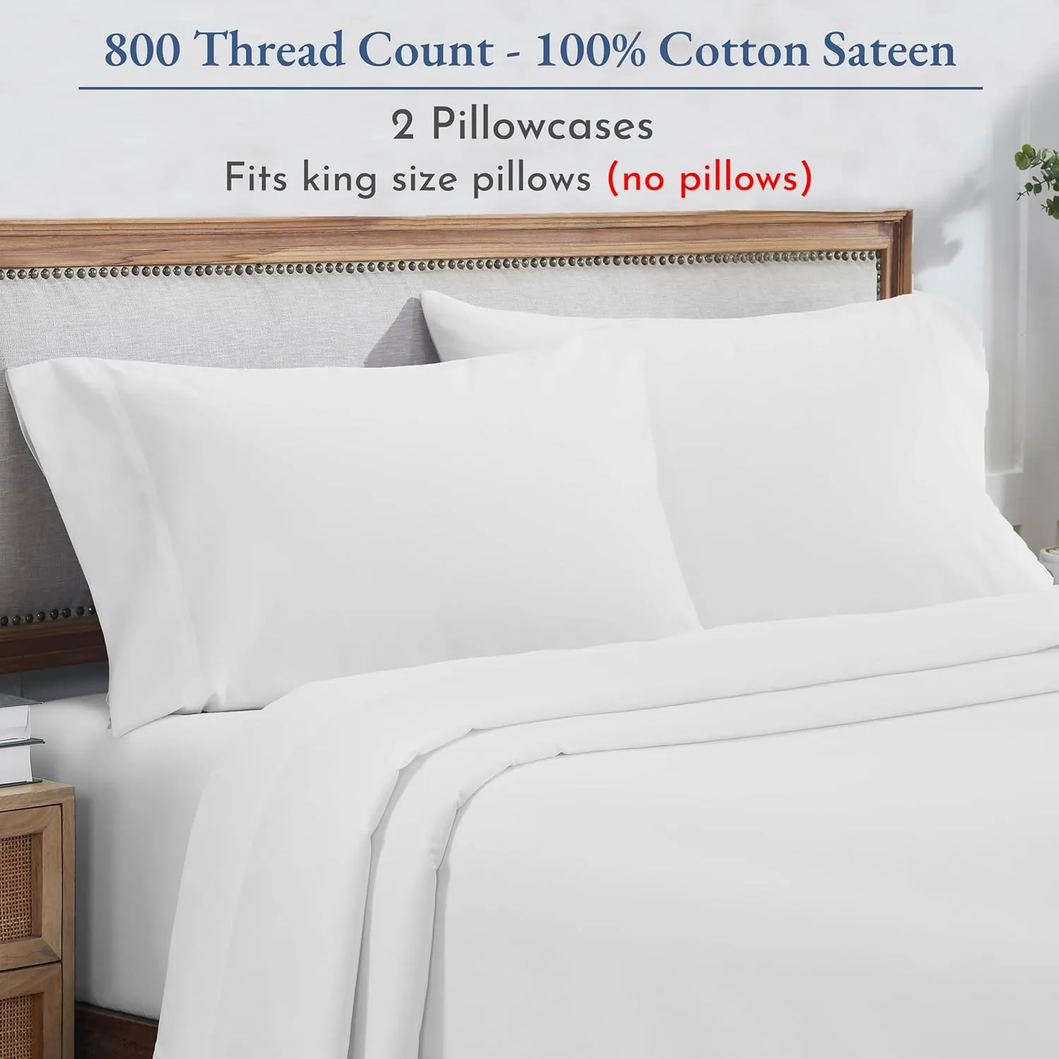 Heirloom Soft, Smooth & Thick Certified 800 Thread Count 100% Cotton Sateen is Superior to Egyptian Cotton Claims, 2 King Size Pillow Cases, Fits King Pillows (Bright White)