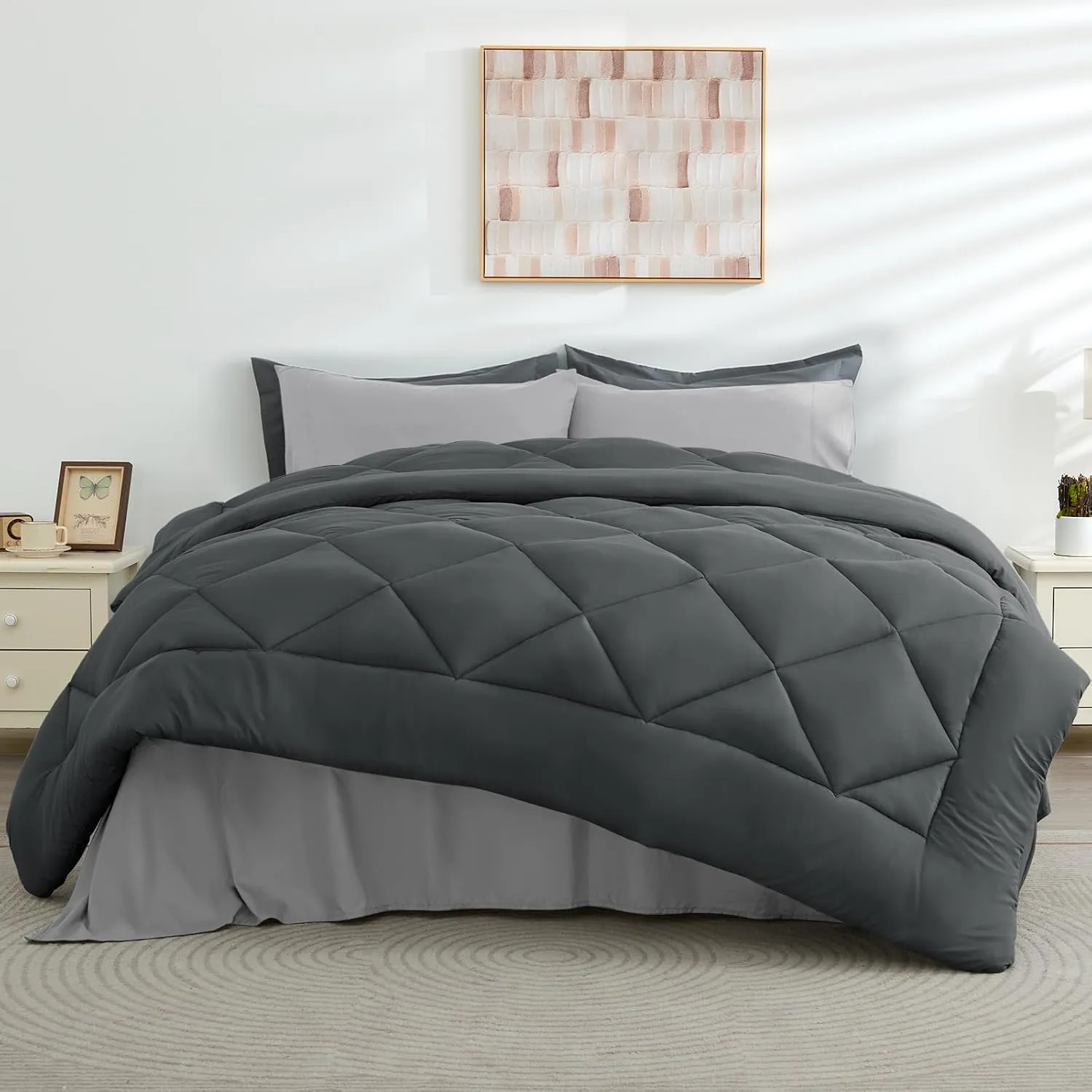HEVUMYI Full Comforter Set - 7-Piece All Season Bed in a Bag Full, Ultra Soft Bedding Set with Comforter, Flat Sheet, Fitted Sheet, Pillowcases, Pillow Shams, Dark Grey & Light Grey