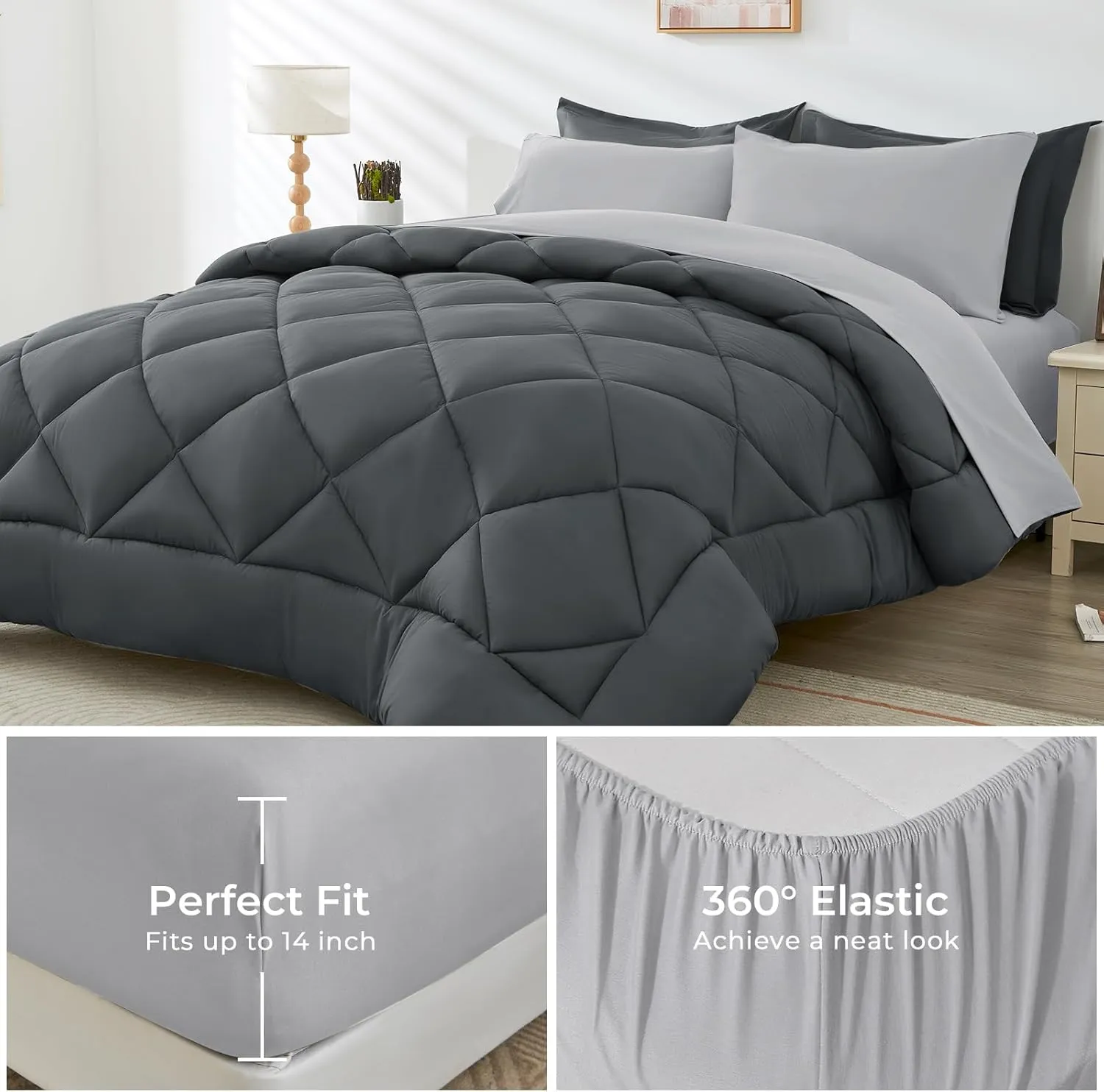 HEVUMYI Full Comforter Set - 7-Piece All Season Bed in a Bag Full, Ultra Soft Bedding Set with Comforter, Flat Sheet, Fitted Sheet, Pillowcases, Pillow Shams, Dark Grey & Light Grey