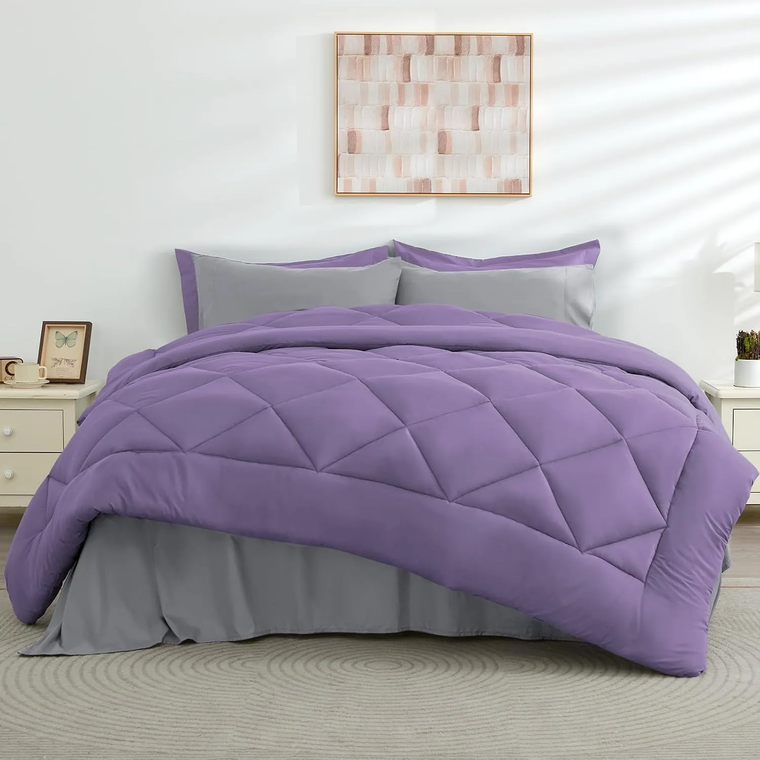 HEVUMYI Queen Comforter Set - 7-Piece All Season Bed in a Bag Queen, Ultra Soft Bedding Set with Comforter, Flat Sheet, Fitted Sheet, Pillowcases, Pillow Shams, Purple & Light Grey