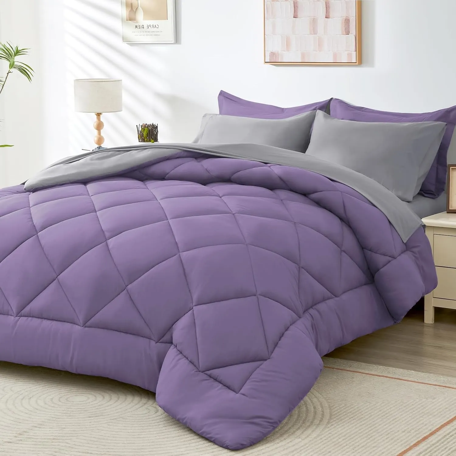 HEVUMYI Queen Comforter Set - 7-Piece All Season Bed in a Bag Queen, Ultra Soft Bedding Set with Comforter, Flat Sheet, Fitted Sheet, Pillowcases, Pillow Shams, Purple & Light Grey
