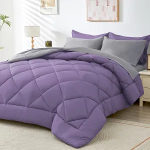 HEVUMYI Queen Comforter Set - 7-Piece All Season Bed in a Bag Queen, Ultra Soft Bedding Set with Comforter, Flat Sheet, Fitted Sheet, Pillowcases, Pillow Shams, Purple & Light Grey