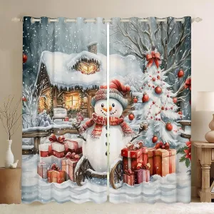 Homewish Winter Snowman Window Curtains Jungle Cabin Jungle Pine Trees Window Drapes for Kids Teens Adults New Year Christmas Rustic Style Curtains for Living Room 2 Panels 52Wx90L