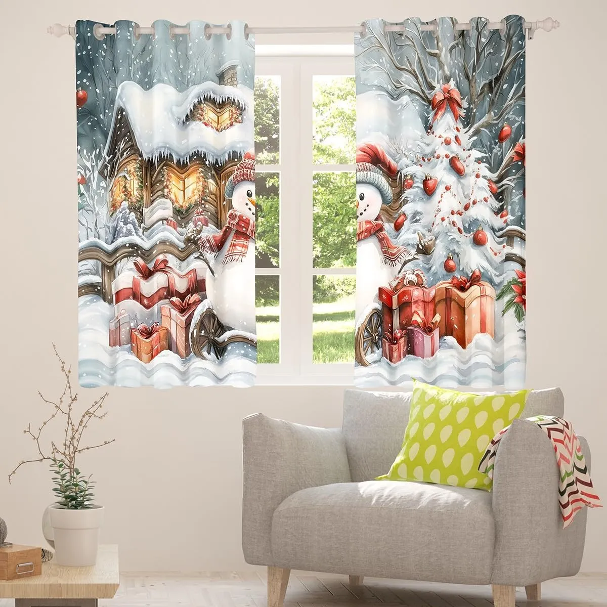 Homewish Winter Snowman Window Curtains Jungle Cabin Jungle Pine Trees Window Drapes for Kids Teens Adults New Year Christmas Rustic Style Curtains for Living Room 2 Panels 52Wx90L
