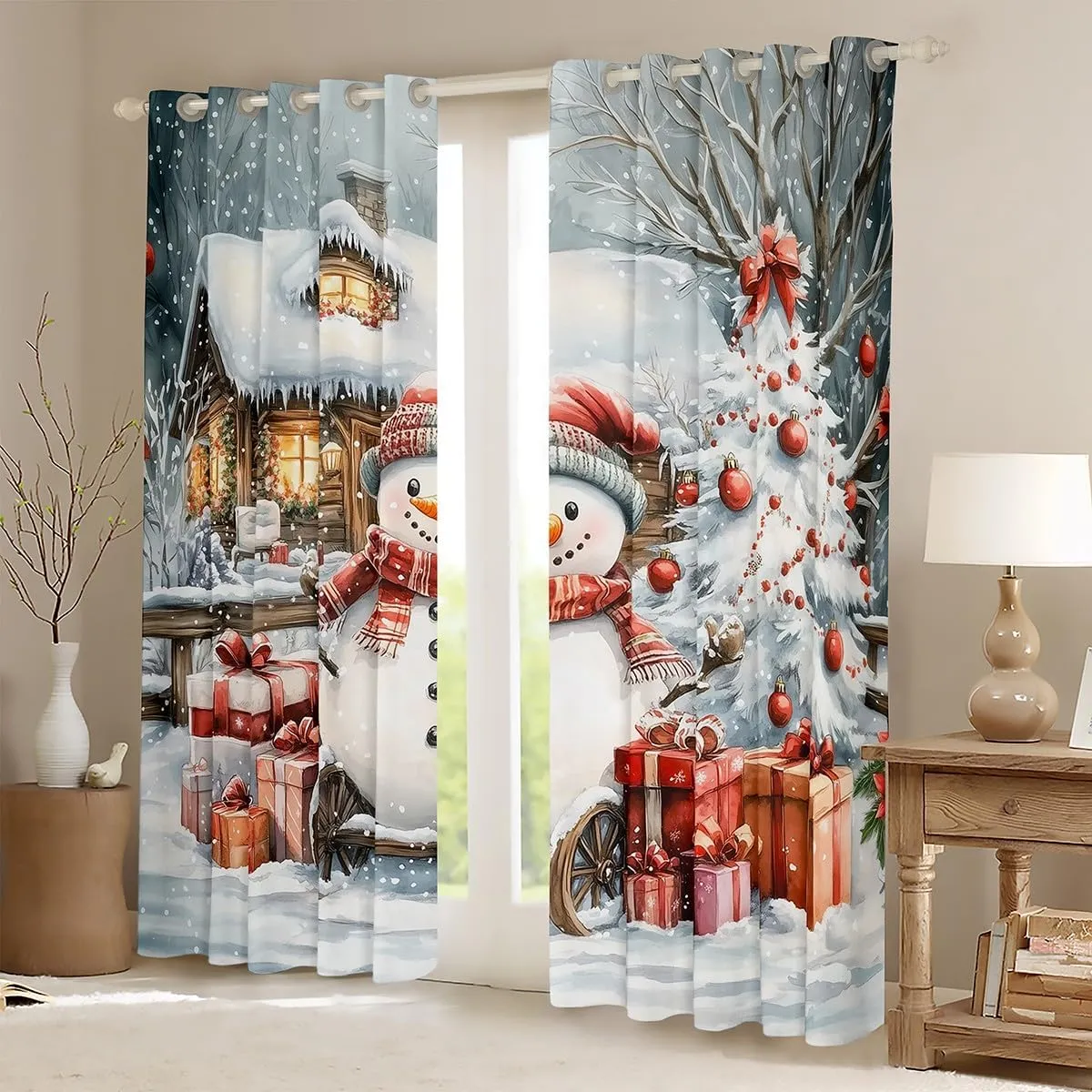 Homewish Winter Snowman Window Curtains Jungle Cabin Jungle Pine Trees Window Drapes for Kids Teens Adults New Year Christmas Rustic Style Curtains for Living Room 2 Panels 52Wx90L