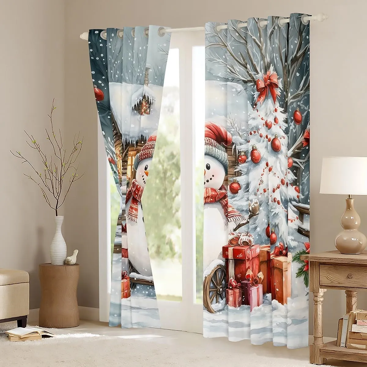 Homewish Winter Snowman Window Curtains Jungle Cabin Jungle Pine Trees Window Drapes for Kids Teens Adults New Year Christmas Rustic Style Curtains for Living Room 2 Panels 52Wx90L