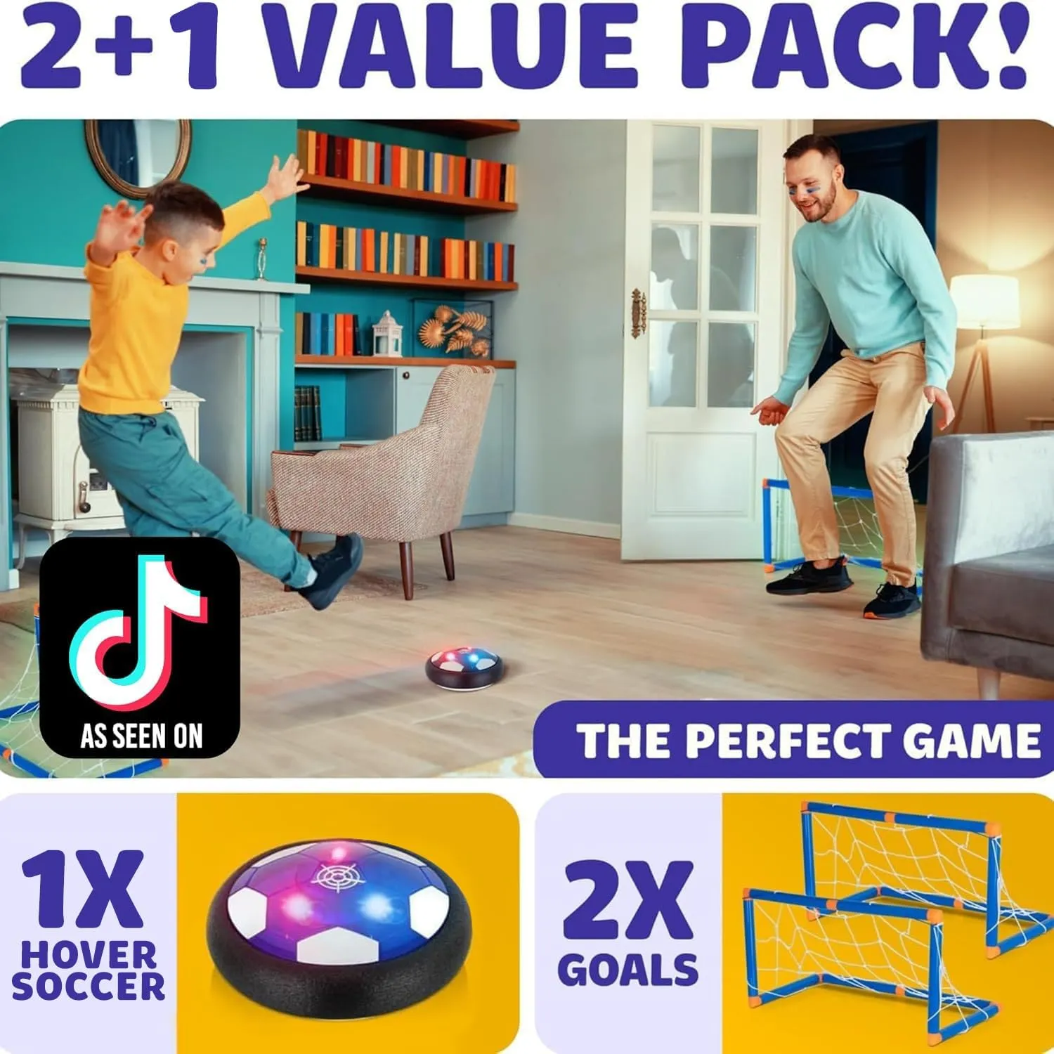 Hover Soccer Ball with 2 Goals, Indoor 3 in 1 Pack, Floating Gliding Disk Toys for Ages 5-7, 6-12, 8-13, Fun Active Game for Boys and Girls, Birthday Christmas Drone Gifts, Soccer Ball Set for Kids