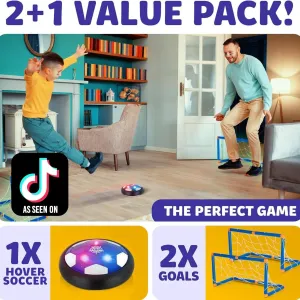 Hover Soccer Ball with 2 Goals, Indoor 3 in 1 Pack, Floating Gliding Disk Toys for Ages 5-7, 6-12, 8-13, Fun Active Game for Boys and Girls, Birthday Christmas Drone Gifts, Soccer Ball Set for Kids