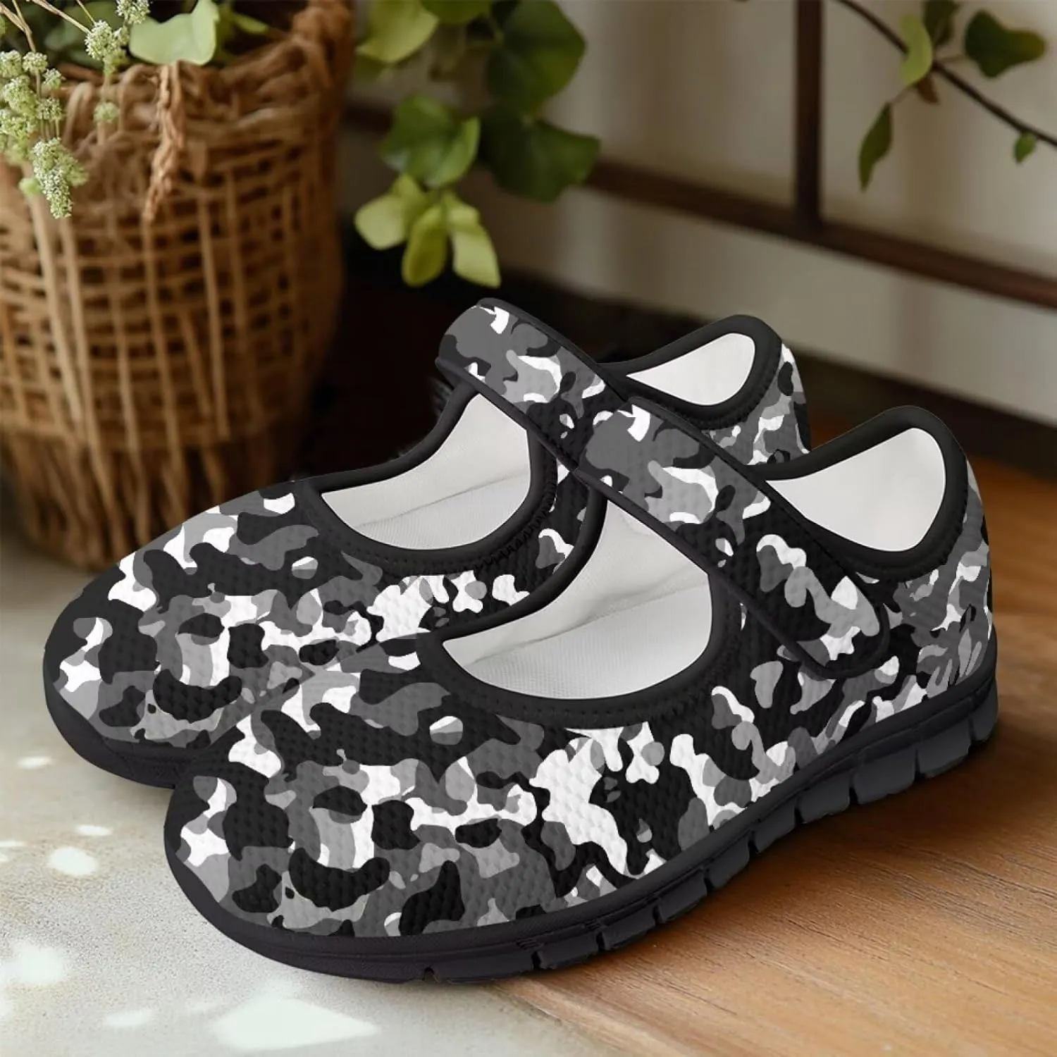 Howilath Camouflage Women's Ballet Flats Round Toe Mary Jane Shoes Single Buckle Flats Shoes Casual Flats Shoes