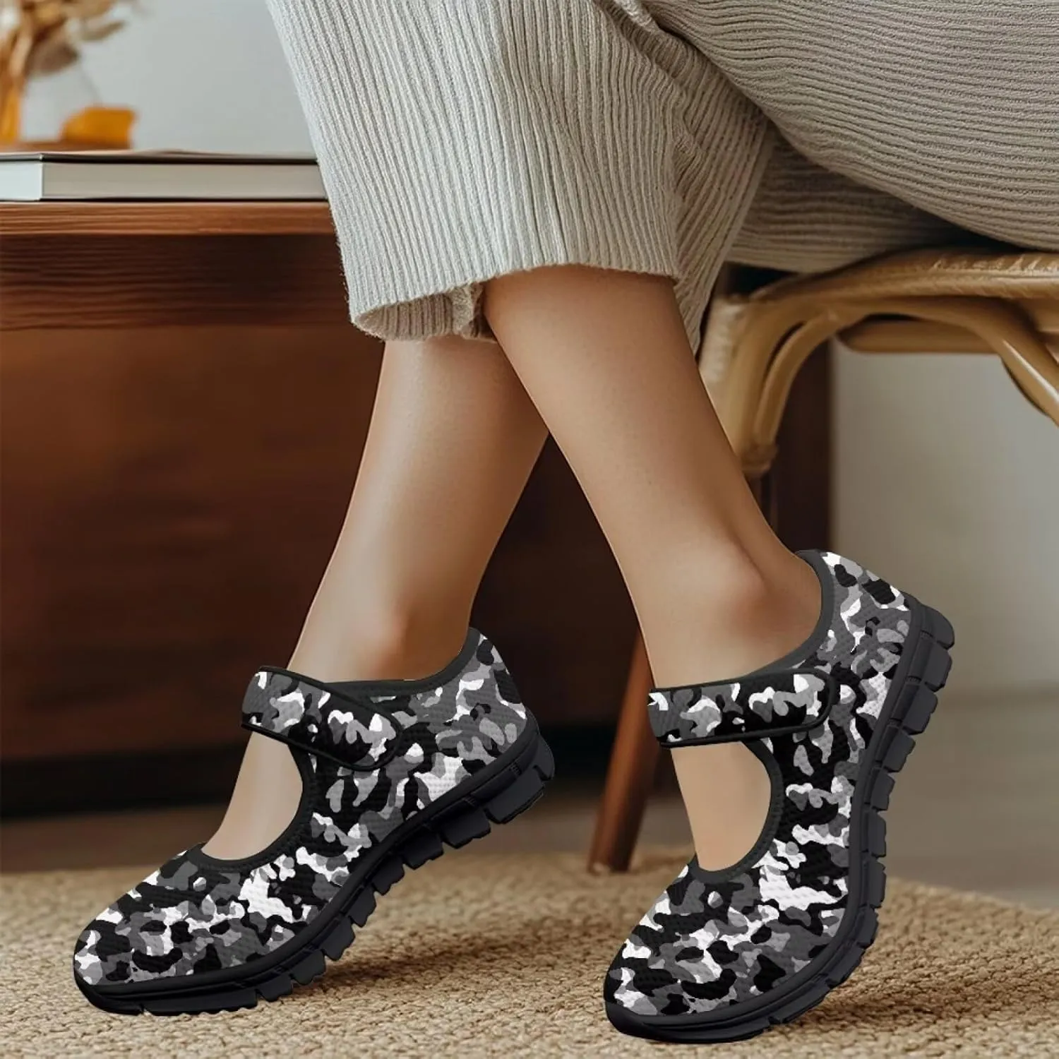 Howilath Camouflage Women's Ballet Flats Round Toe Mary Jane Shoes Single Buckle Flats Shoes Casual Flats Shoes