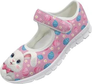 Howilath Easter Bunny Print Women's Ballet Flats Round Toe Mary Janes Ballerina Shoes with Magic Sticker