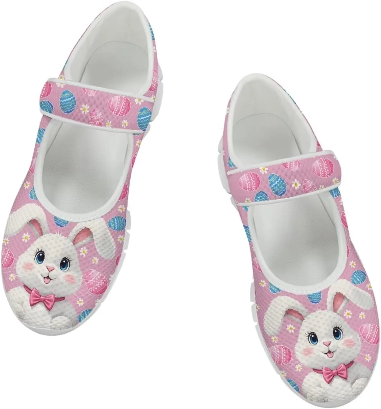 Howilath Easter Bunny Print Women's Ballet Flats Round Toe Mary Janes Ballerina Shoes with Magic Sticker