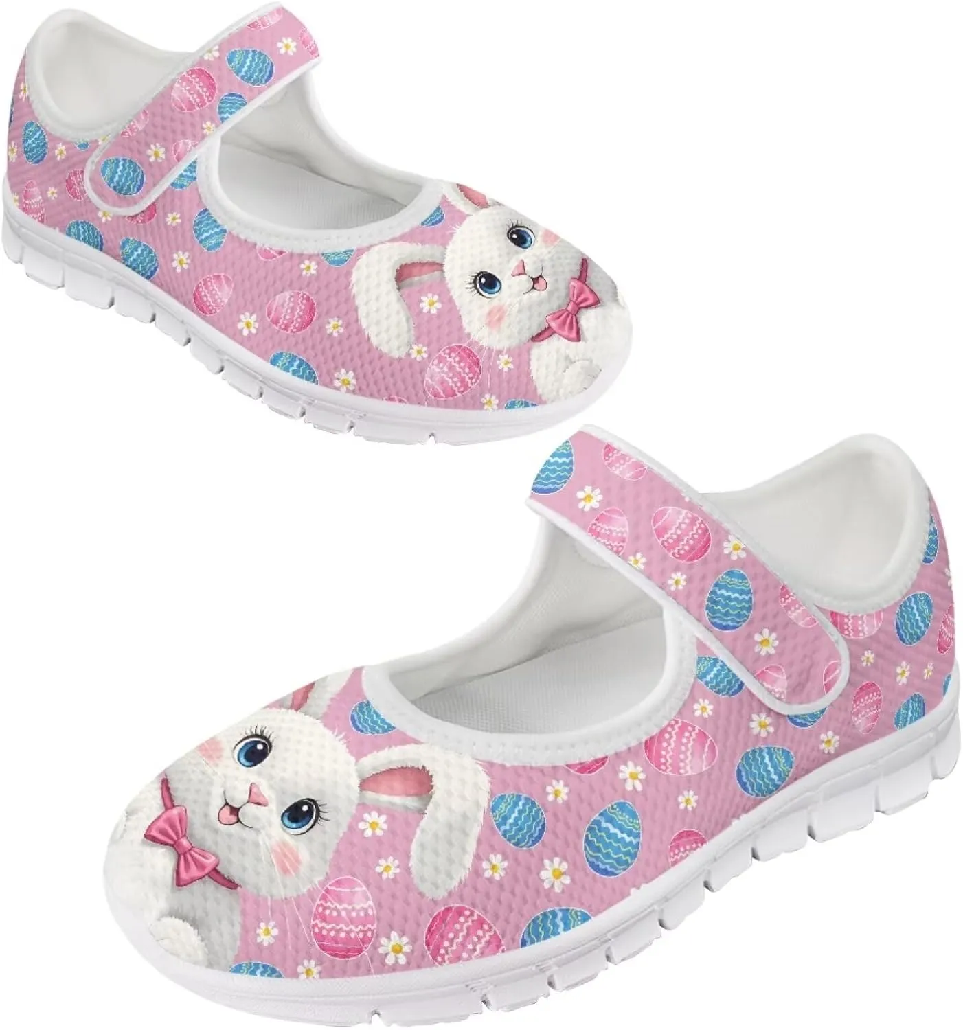 Howilath Easter Bunny Print Women's Ballet Flats Round Toe Mary Janes Ballerina Shoes with Magic Sticker