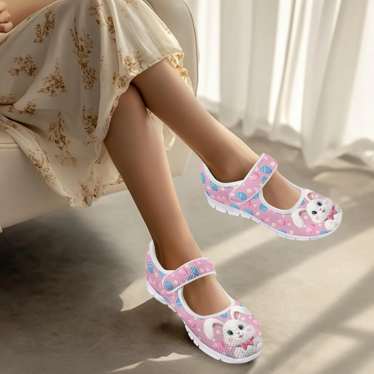 Howilath Easter Bunny Print Women's Ballet Flats Round Toe Mary Janes Ballerina Shoes with Magic Sticker