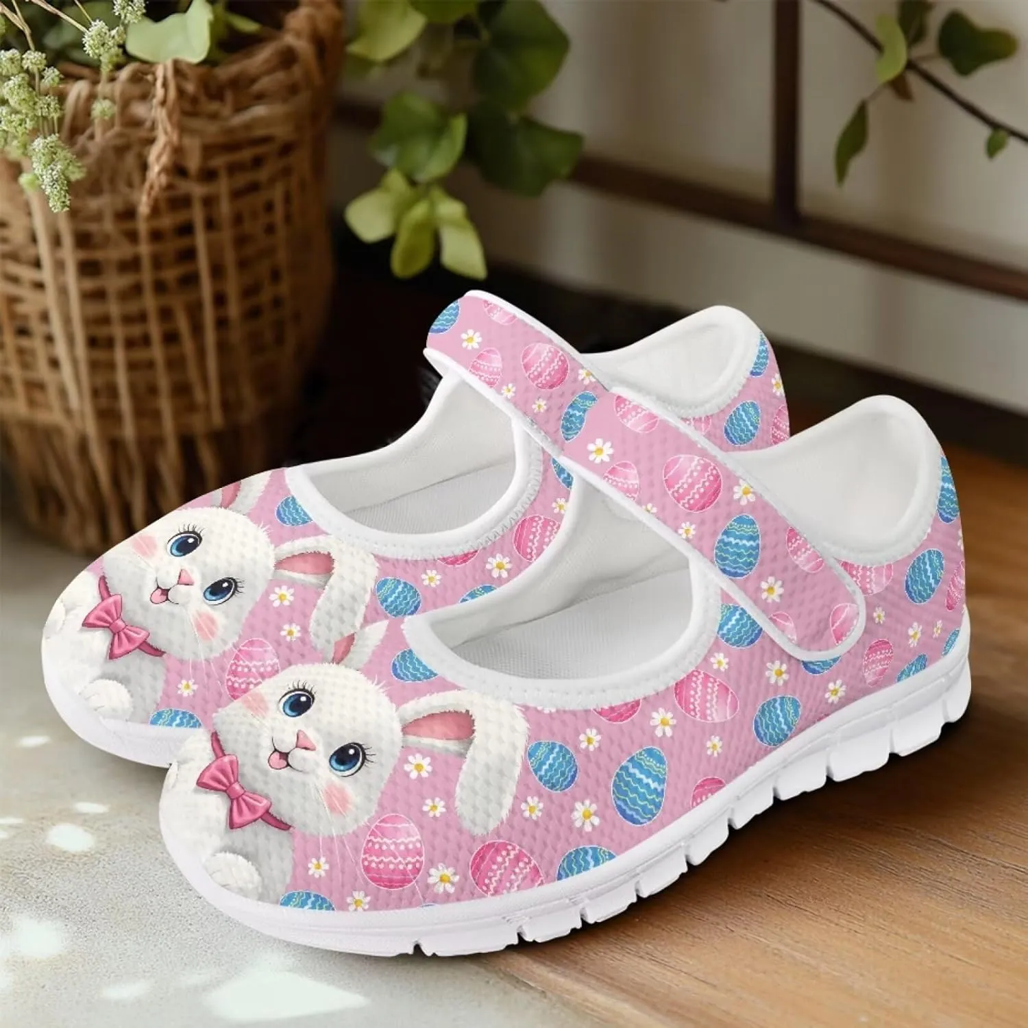 Howilath Easter Bunny Print Women's Ballet Flats Round Toe Mary Janes Ballerina Shoes with Magic Sticker