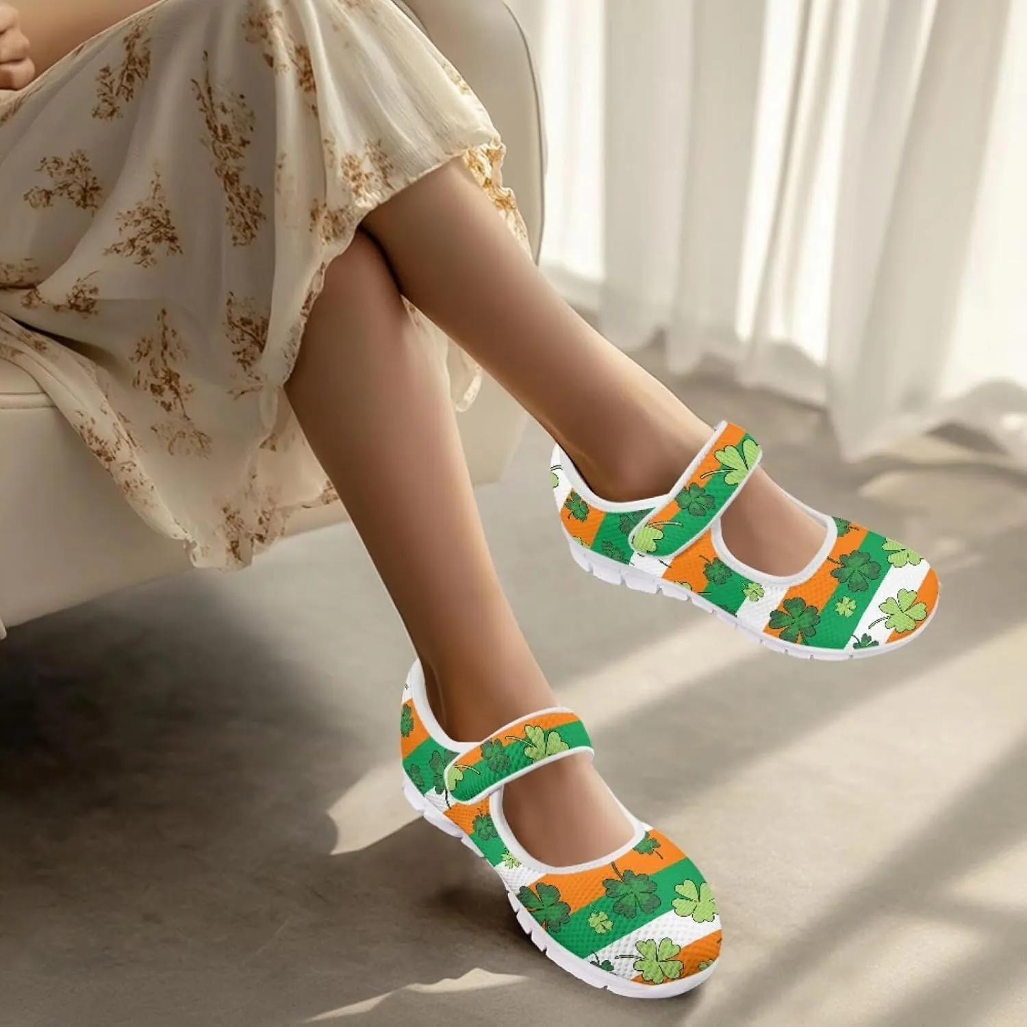 Howilath St. Patrick's Day Womens Dress Shoes Mary Jane Shoes Mesh Casual Flats Shoes Ballerina Shoes with Magic Sticke