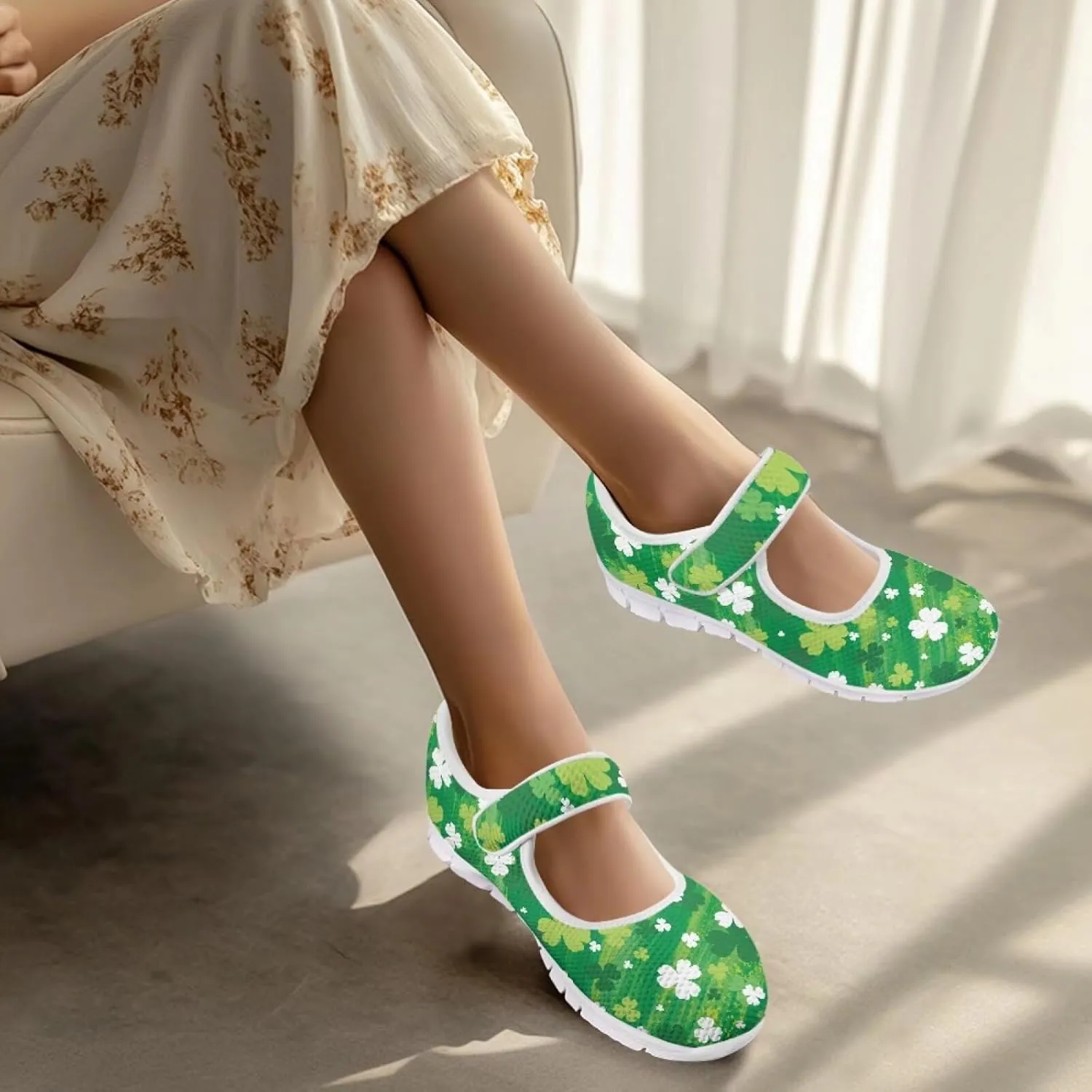 Howilath St. Patrick's Day Womens Dress Shoes Mary Jane Shoes Mesh Casual Flats Shoes Ballerina Shoes with Magic Sticke
