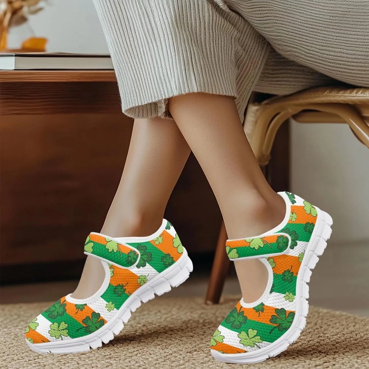 Howilath St. Patrick's Day Womens Dress Shoes Mary Jane Shoes Mesh Casual Flats Shoes Ballerina Shoes with Magic Sticke