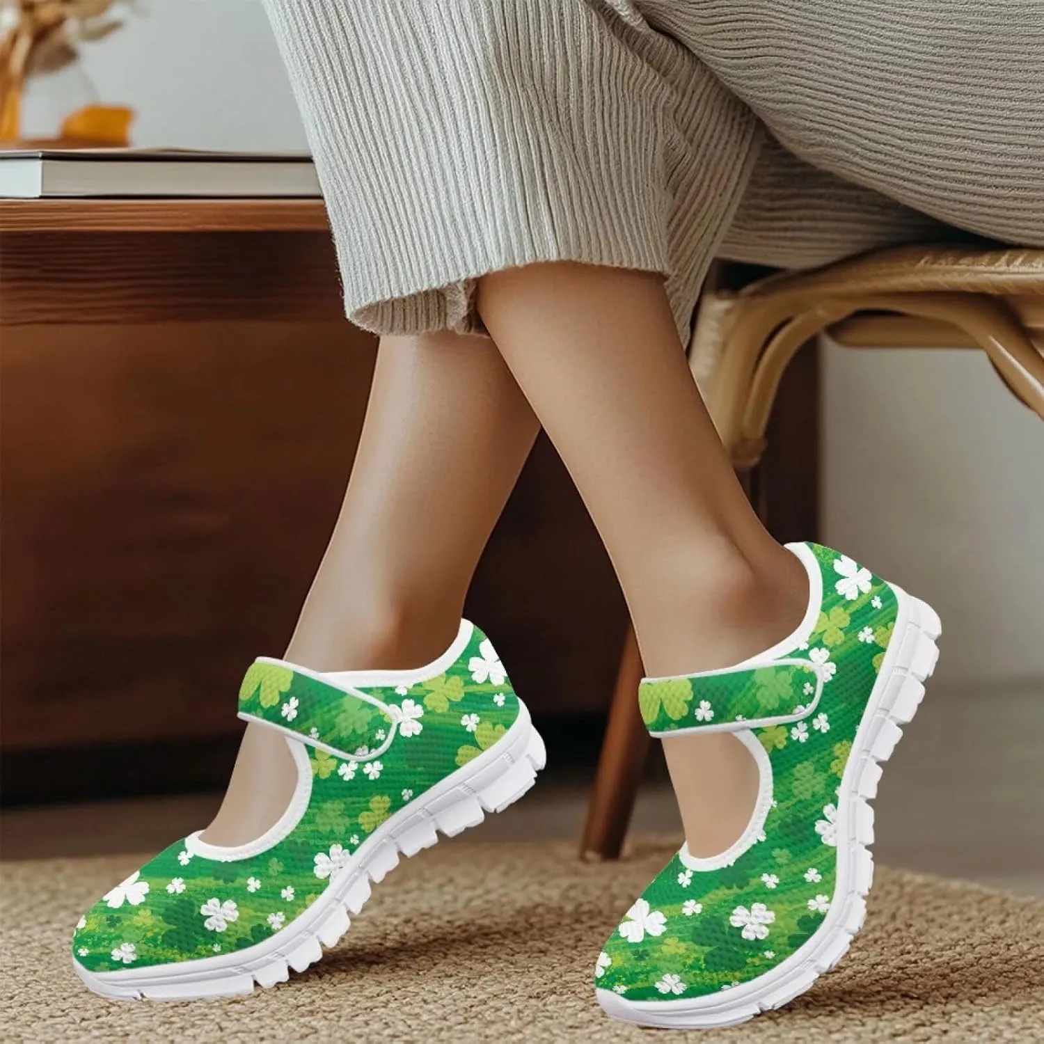 Howilath St. Patrick's Day Womens Dress Shoes Mary Jane Shoes Mesh Casual Flats Shoes Ballerina Shoes with Magic Sticke
