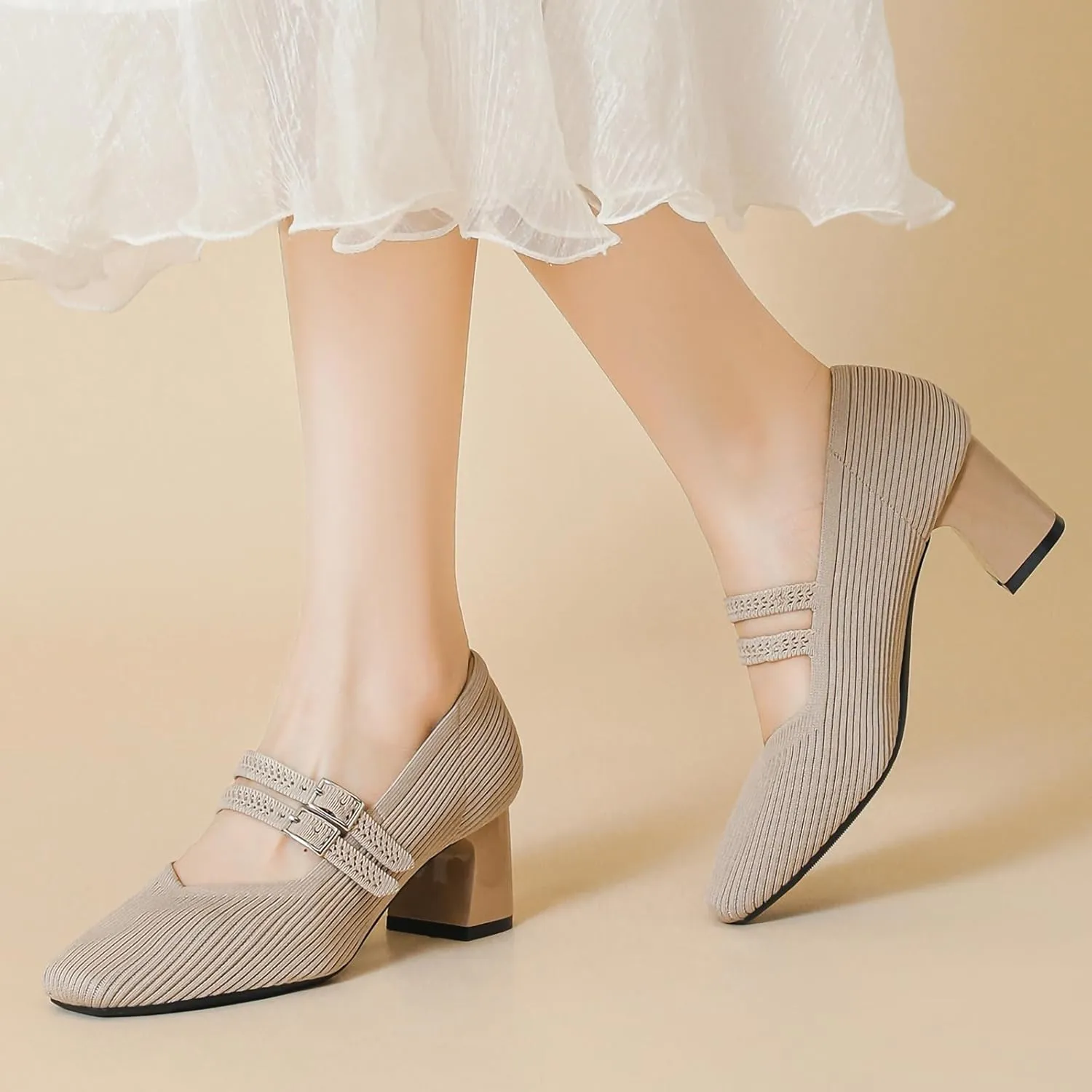 HROYL Women Knit Shoes Low Heel Dress Pumps Chunky Heel Mary Jane Work Party Shoes,Model 569-1