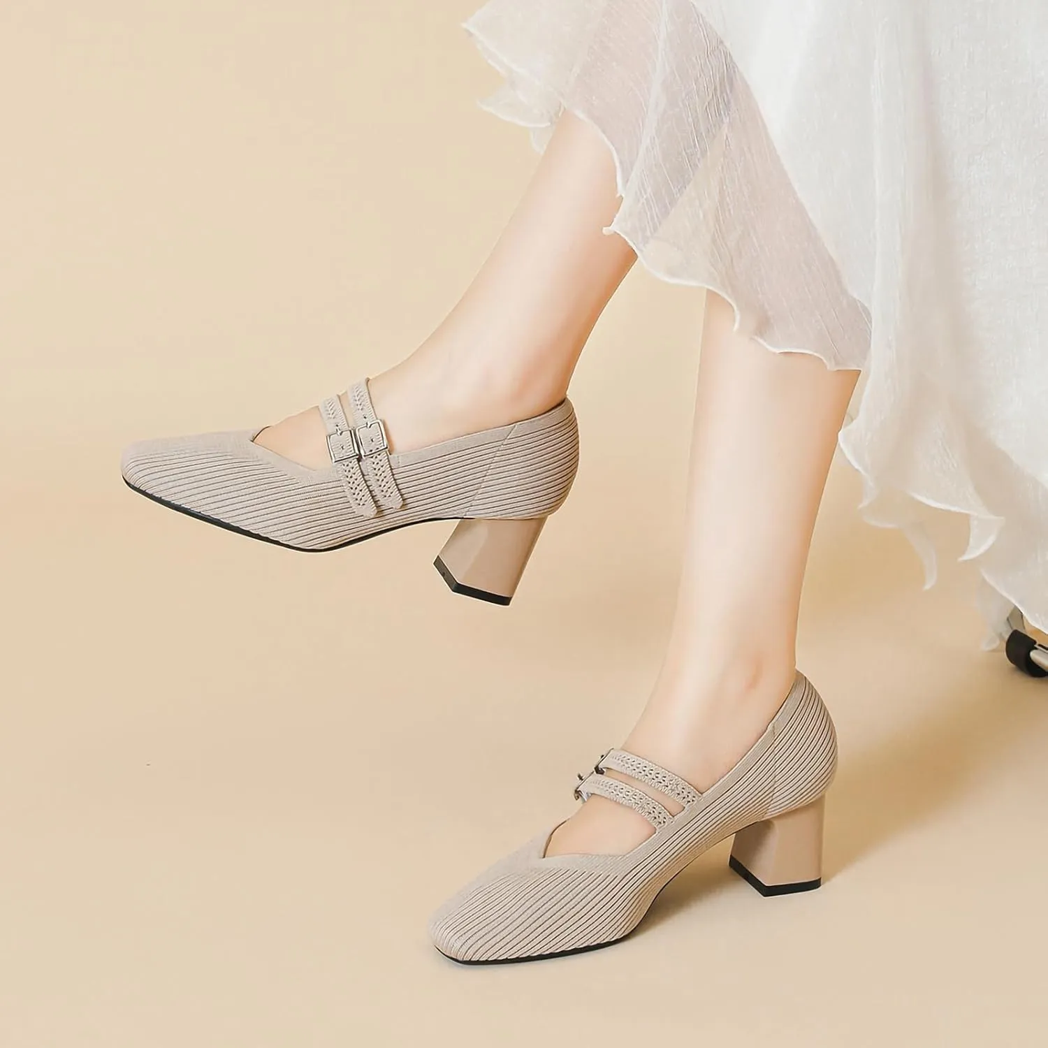 HROYL Women Knit Shoes Low Heel Dress Pumps Chunky Heel Mary Jane Work Party Shoes,Model 569-1