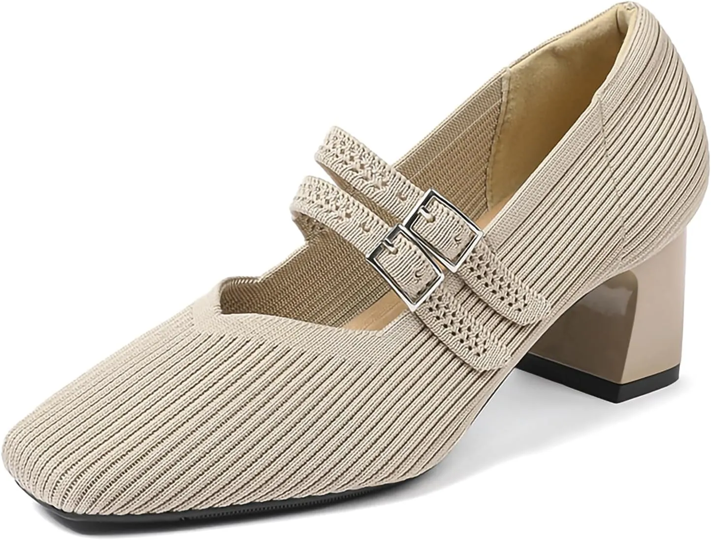 HROYL Women Knit Shoes Low Heel Dress Pumps Chunky Heel Mary Jane Work Party Shoes,Model 569-1