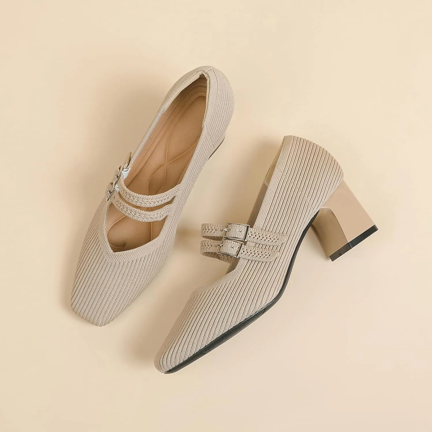HROYL Women Knit Shoes Low Heel Dress Pumps Chunky Heel Mary Jane Work Party Shoes,Model 569-1