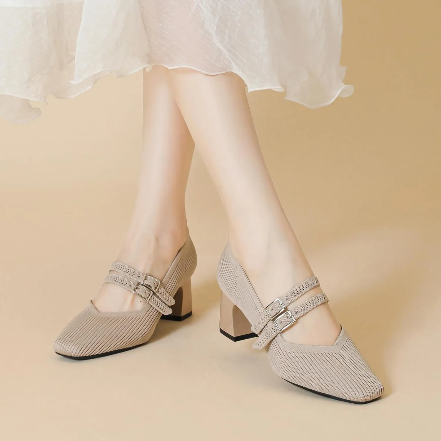 HROYL Women Knit Shoes Low Heel Dress Pumps Chunky Heel Mary Jane Work Party Shoes,Model 569-1