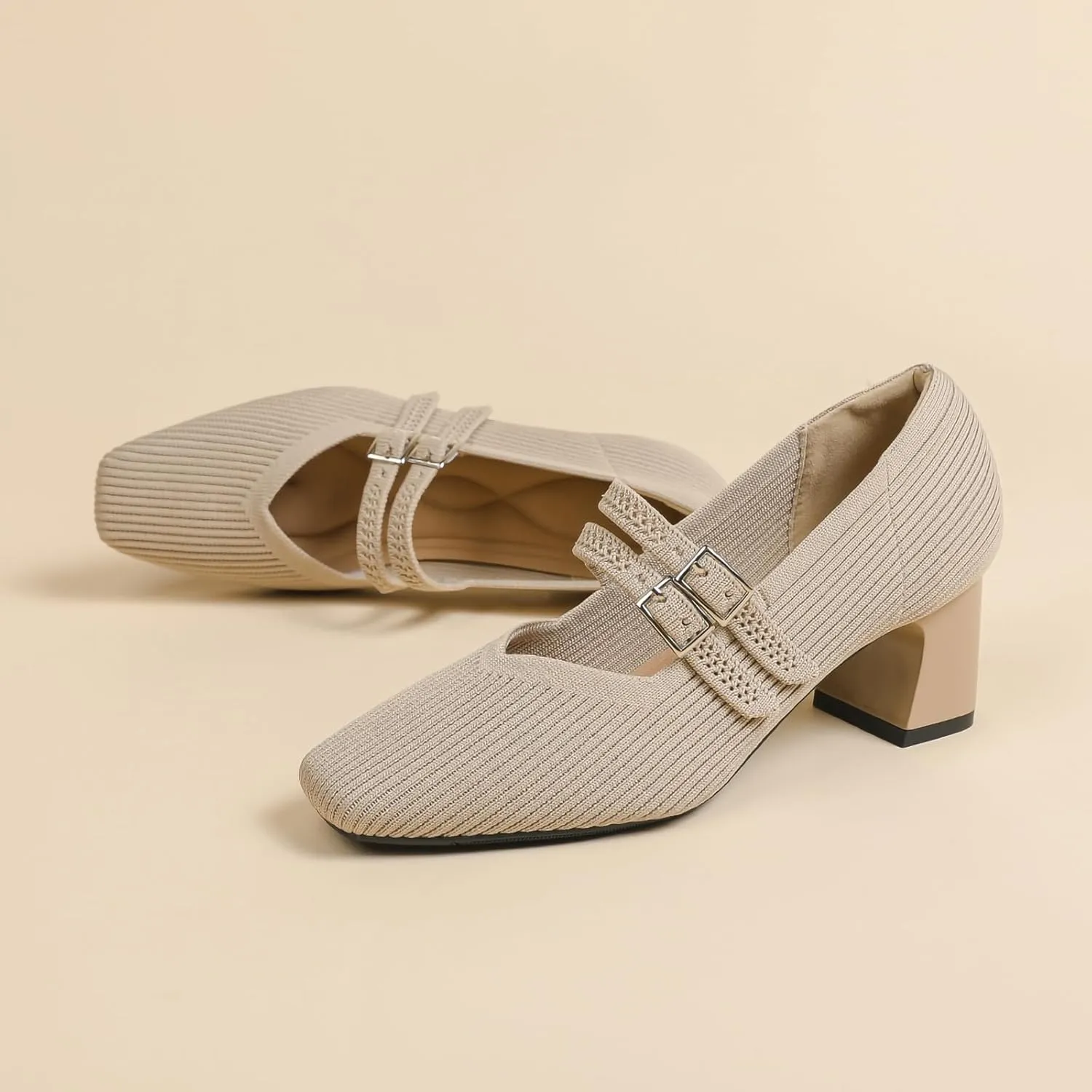 HROYL Women Knit Shoes Low Heel Dress Pumps Chunky Heel Mary Jane Work Party Shoes,Model 569-1