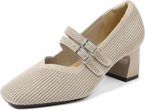 HROYL Women Knit Shoes Low Heel Dress Pumps Chunky Heel Mary Jane Work Party Shoes,Model 569-1