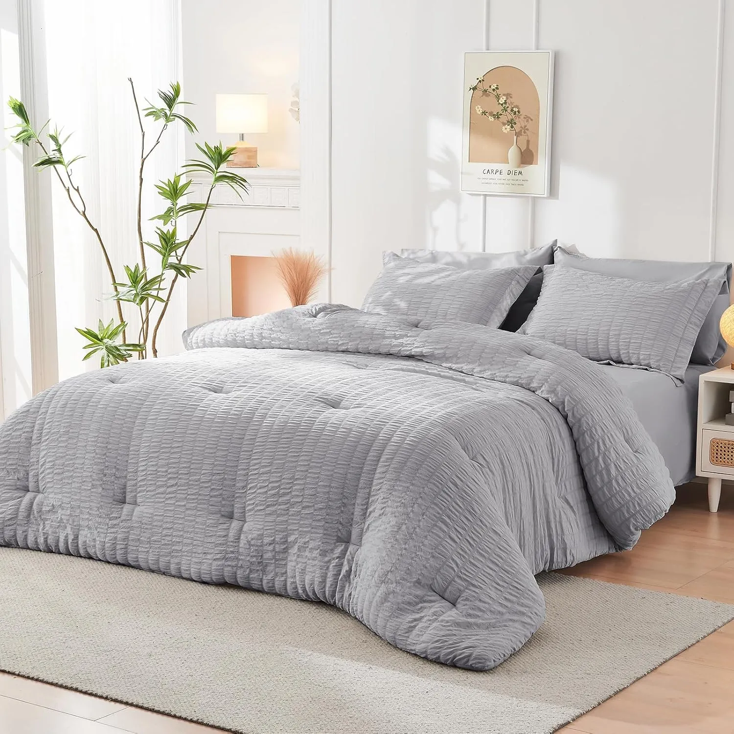HYMOKEGE Light Grey Queen Comforter Set Seersucker 7 Pieces, All Season Luxury Bed in a Bag for Bedroom, Bedding Set with Comforters, Sheets, Pillowcases & Shams