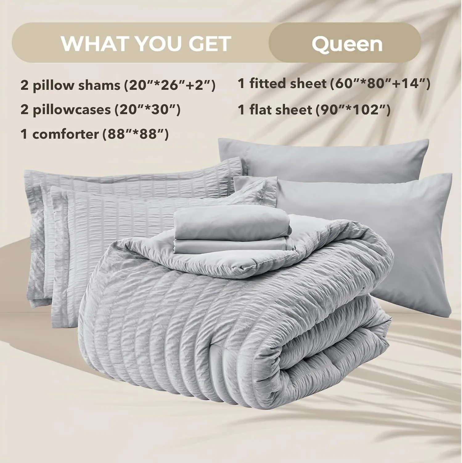 HYMOKEGE Light Grey Queen Comforter Set Seersucker 7 Pieces, All Season Luxury Bed in a Bag for Bedroom, Bedding Set with Comforters, Sheets, Pillowcases & Shams