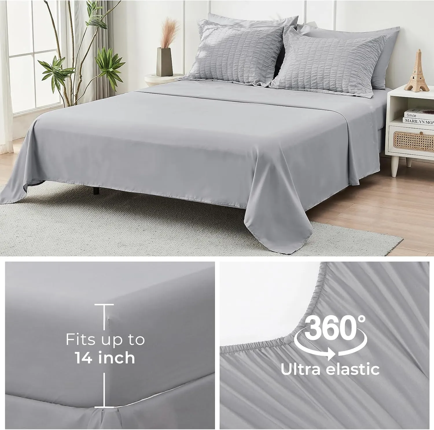HYMOKEGE Light Grey Queen Comforter Set Seersucker 7 Pieces, All Season Luxury Bed in a Bag for Bedroom, Bedding Set with Comforters, Sheets, Pillowcases & Shams