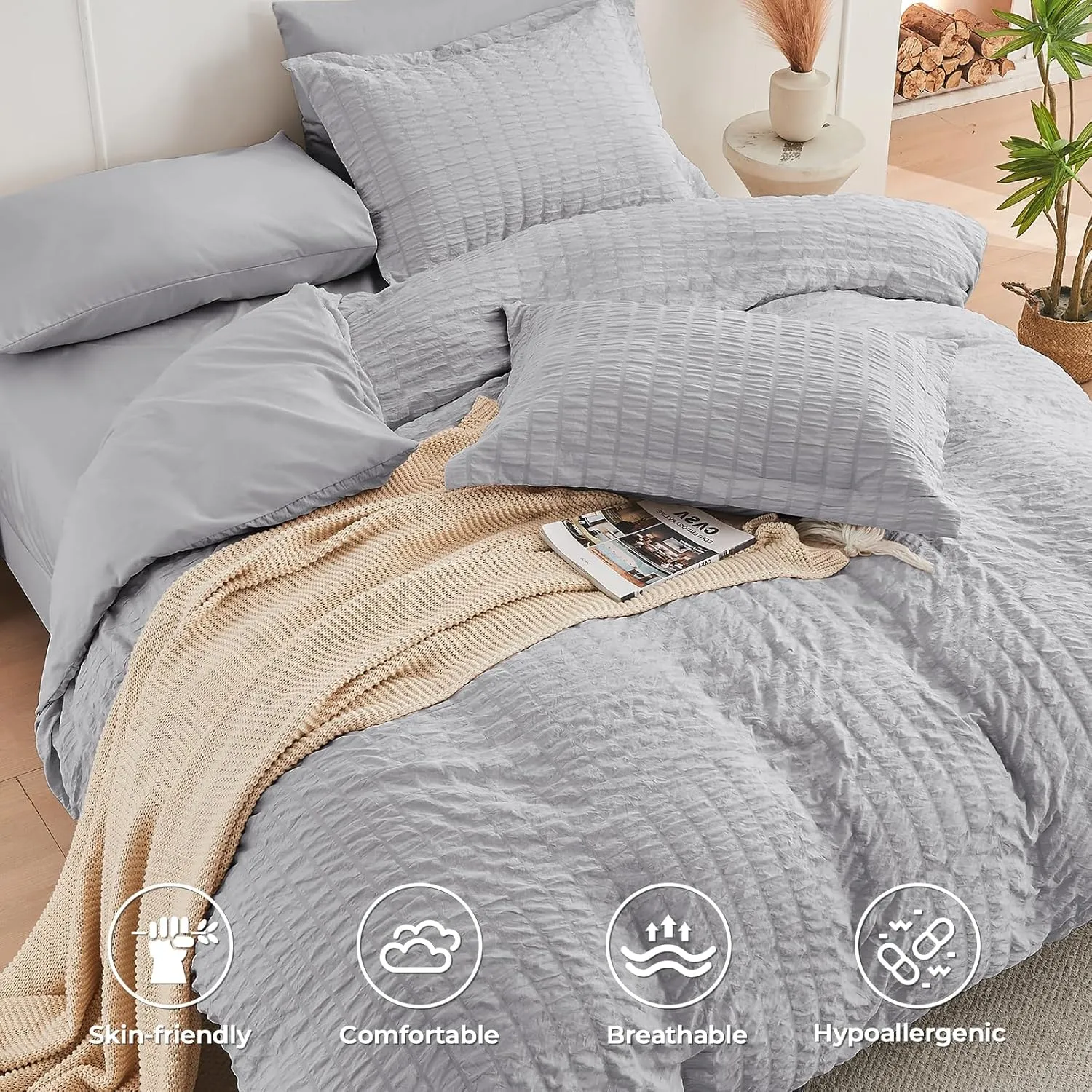 HYMOKEGE Light Grey Queen Comforter Set Seersucker 7 Pieces, All Season Luxury Bed in a Bag for Bedroom, Bedding Set with Comforters, Sheets, Pillowcases & Shams