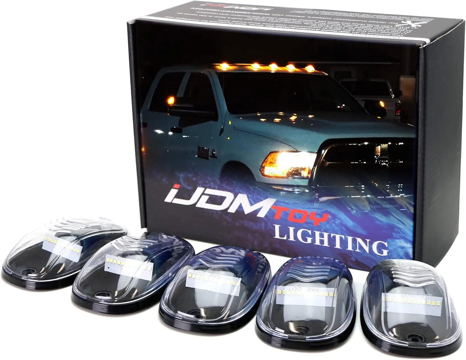 iJDMTOY 5pc Clear Lens Cab Roof Marker Lamps w/Amber Yellow Full Strip LED Lights Compatible With Chevy Dodge Ford GMC Heavy Duty or Super Duty Trucks