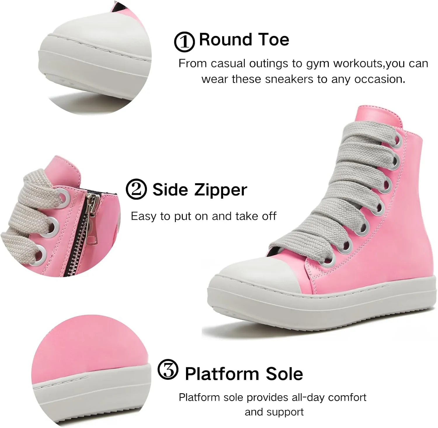 IMPREMEY Women's High Top Sneakers Lace Up PU Leather Shoes with Thick Soles and Zipper, Fashionable Walking Shoes