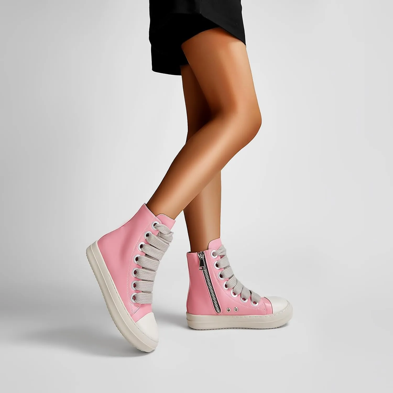 IMPREMEY Women's High Top Sneakers Lace Up PU Leather Shoes with Thick Soles and Zipper, Fashionable Walking Shoes