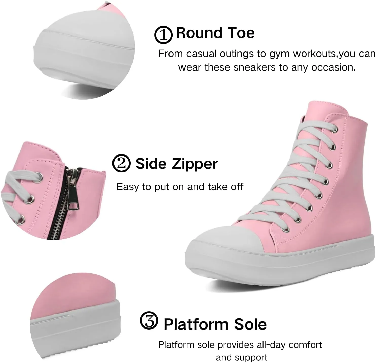IMPREMEY Women's High Top Sneakers Lace Up PU Leather Shoes with Thick Soles and Zipper, Fashionable Walking Shoes