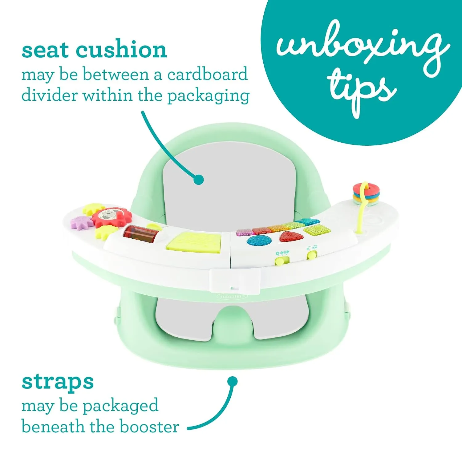 Infantino Music & Lights 3-in-1 Discovery Seat and Booster - Convertible, Infant Activity and Feeding Seat with Electronic Piano for Sensory Exploration, for Babies and Toddlers, Mint
