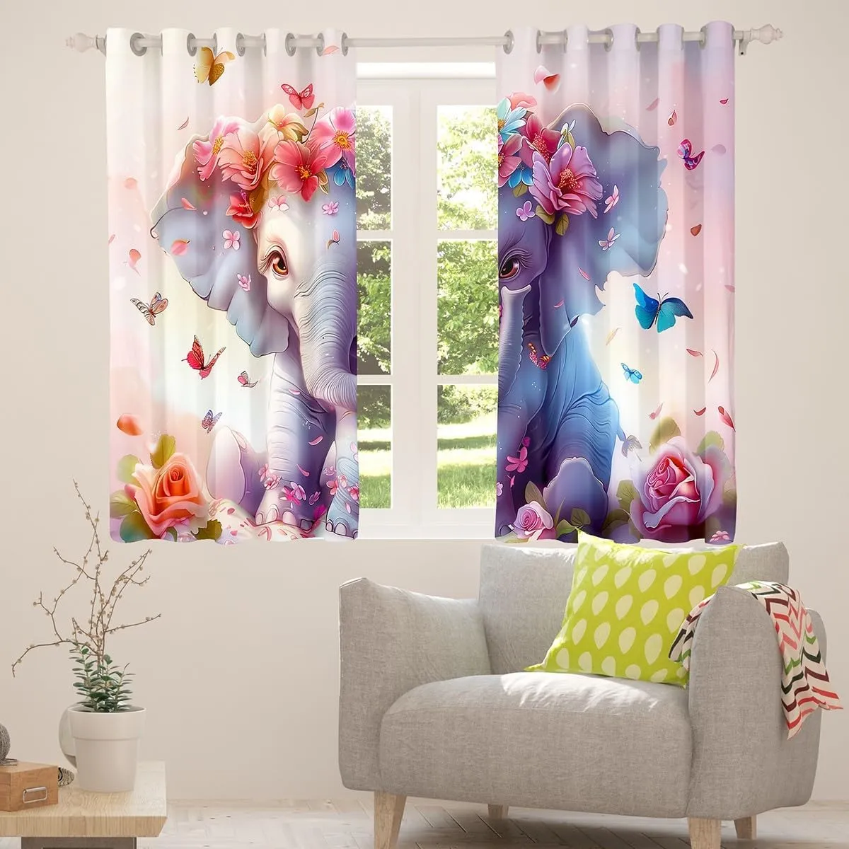 jejeloiu Boys Girls Cute Elephant Darkening Drapes Boho Exotic Style 30%-50% Blackout Curtains Cartoon Animal Window Curtains Kids Ethnic Elephant Print Window Treatments (2 Panels, 42 x 90 Inch)